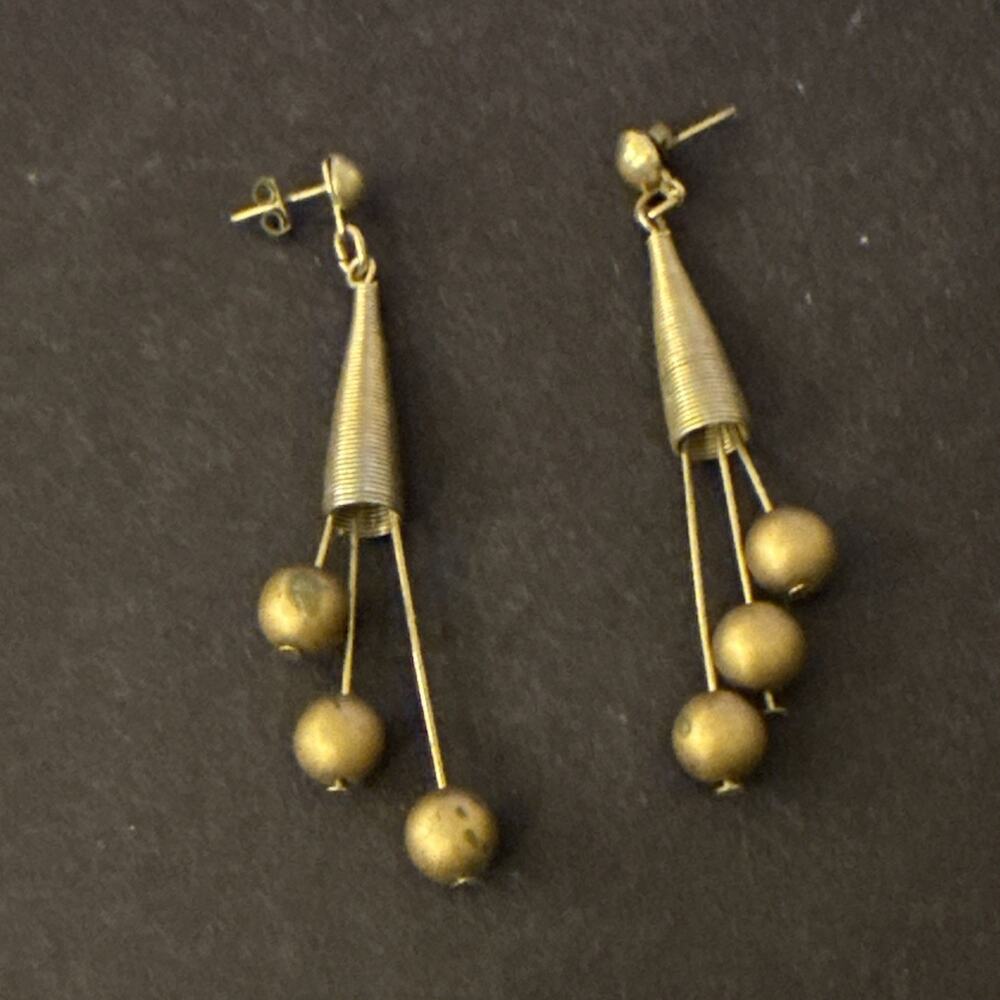 Vintage 1970s Modernist Kinetic Dangle Earrings Gold Tone 2.5” Pierced